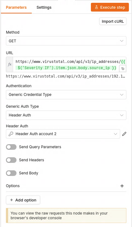 VirusTotal HTTP Request node configuration