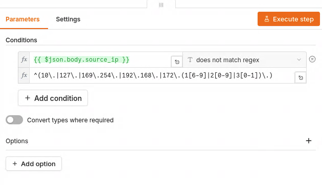 n8n public IP condition using a regular expression