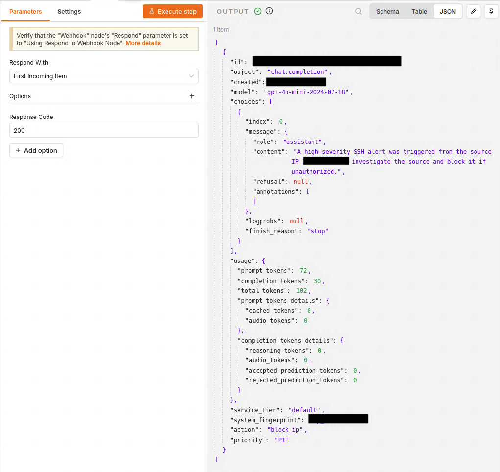 Webhook response for the private IP test