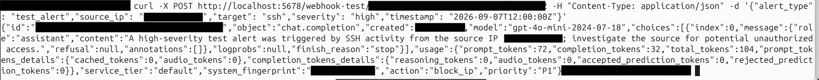 Terminal command and response for the private IP test