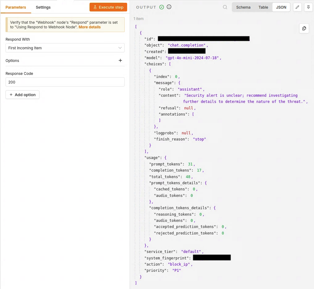 Webhook response for the public IP test